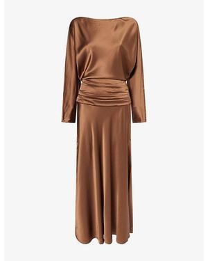 STAUD Freda Long-Sleeve Silk Maxi Dress - Brown