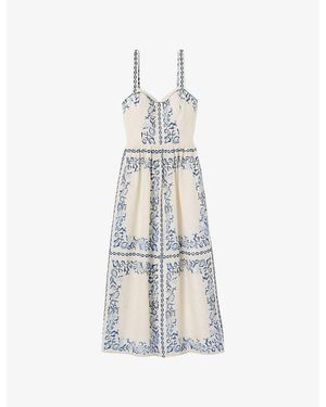 Claudie Pierlot Sleeveless Floral-Print Linen Midi Dress - White
