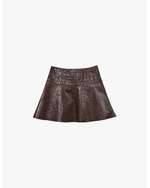 Reiss Flared Crinkled Leather Mini Skirt - Brown