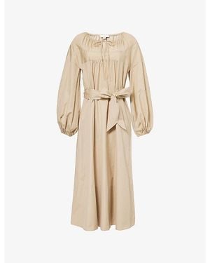 Vince Shirred-Neck Long-Sleeve Cotton Dress - Natural