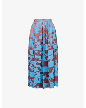 Dries Van Noten Pleated Printed Woven Midi Skirt - Blue