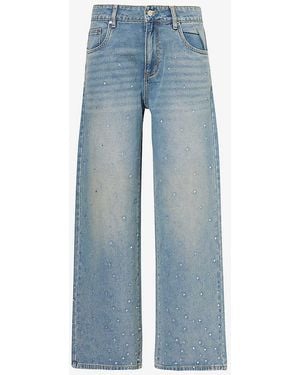 House Of Sunny Sky Crystal-Embellished Wide-Leg Mid-Rise Denim-Blend Jeans - Blue