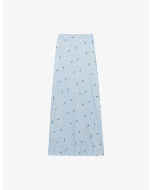Claudie Pierlot Floral-Embroidered High-Rise Satin Maxi Skirt - Blue