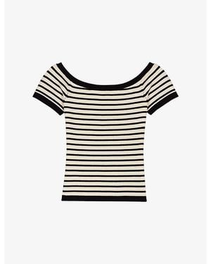Maje Boat-Neckline Stripe Ribbed-Knit Top - Black