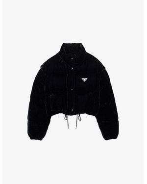 Prada Logo-Embellished Velvet Down Jacket - Black