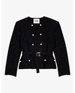 Maje Belted-Waist Double-Breasted Woven Jacket - Black