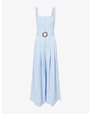 ME+EM Belted Wide-Leg Cotton And Linen Blend Jumpsuit - Blue