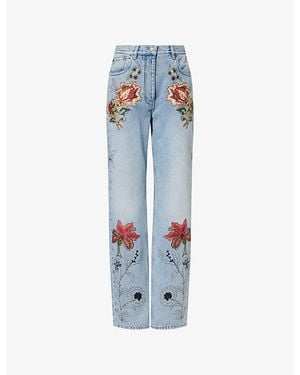 Valentino Floral-Embroidered Straight Denim Jeans - Blue