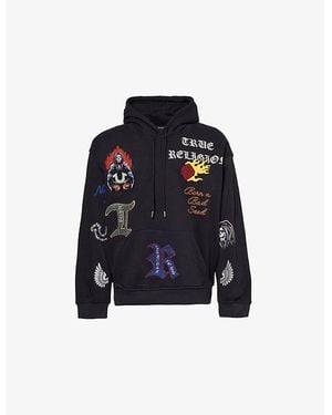 True Religion Patch-Embroidered Dropped-Shoulder Cotton-Blend Hoody - Blue