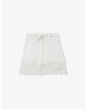 Claudie Pierlot Embroidered-Hem Elasticated-Waist Linen-Blend Shorts - White