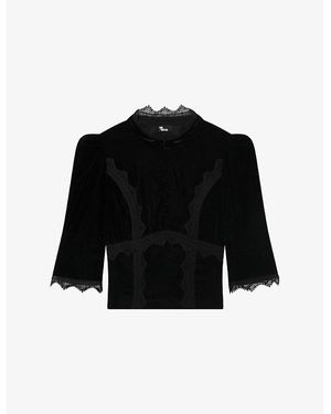 The Kooples High-Neck Stretch-Velvet Top - Black