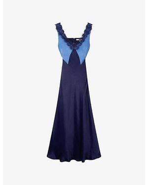 OMNES Caroline Lace-Trim Satin Midi Dress - Blue