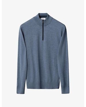Eton Quarter Zip Knitted Merino-Wool Jumper - Blue