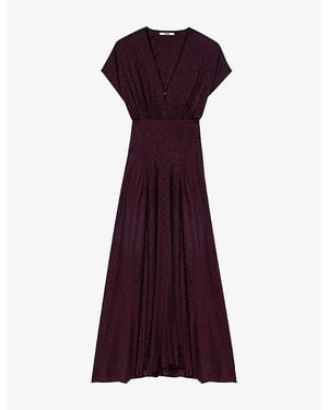 Maje Jacquard V-Neck Woven Maxi Dress - Purple