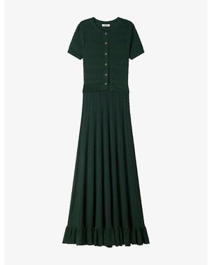 Sandro Short-Sleeved Pointelle Knitted Midi Dress - Green