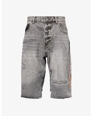 Who Decides War Flame Glass Embroidered Denim Shorts - Grey