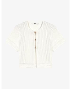 Maje Short-Sleeved Ribbed Knitted Cardigan - White