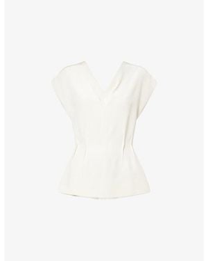 The Dropped Collection Kimono-Sleeve Double V-Neck Silk Top - White