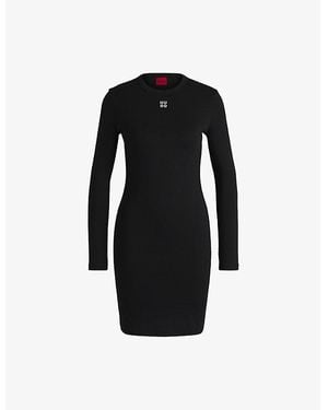 HUGO Brand-Embroidered Slim-Fit Stretch Cotton-Blend Mini Dress - Black