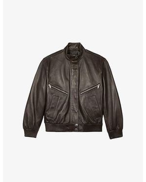 The Kooples Stand-Collar Leather Jacket - Brown