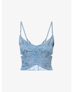 GOOD AMERICAN Dolly Butterfly Embroidered Cotton Denim Top - Blue