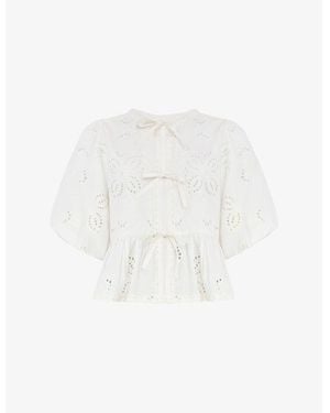 Ro&zo Tie-Front Puff-Sleeve Broderie Cotton And Linen-Blend Blouse - White