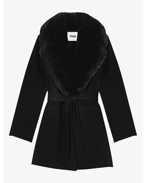 Maje Faux-Fur Collared Tie-Waist Wool Coat - Black
