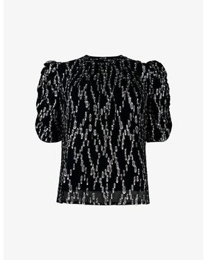 Ro&zo Metallic-Pattern Puff-Sleeved Woven Top - Black