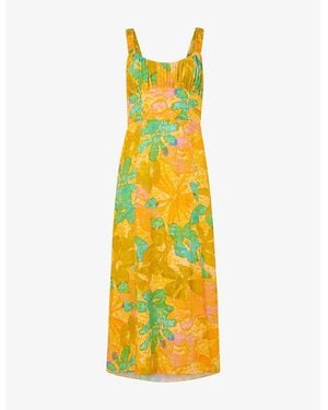 Whistles Palm Floral-Print Sweetheart-Neckline Woven Midi Dress - Yellow