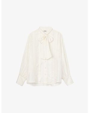 Sandro Lavallière-Tie Long-Sleeve Silk Blouse - White