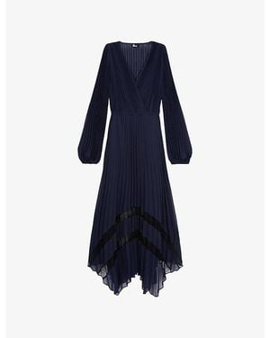 The Kooples V-Neck Asymmetric-Hem Woven Midi Dress - Blue