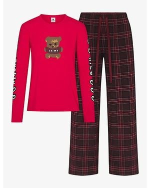 Skims Pyjama Flannel Trousers Set Bear Print - Red