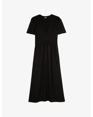 The Kooples Leopard-Jacquard V-Neck Woven Midi Dress - Black
