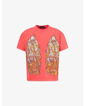 Who Decides War Rhinestone Flame-Print Short-Sleeve Cotton T-Shirt - Red