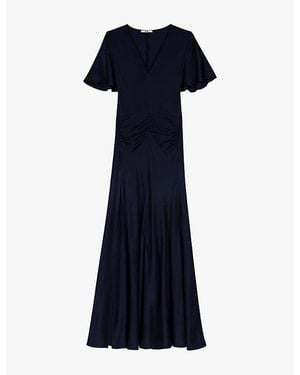 Maje Draped V-Neck Satin Maxi Dress - Blue
