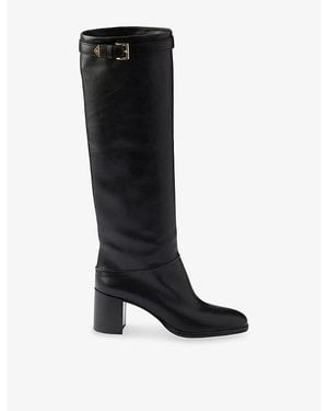 Prada Enameled Triangle-Logo Knee-High Leather Boots - Black