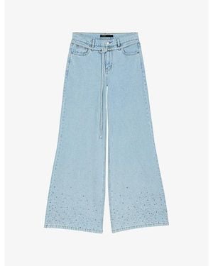 Maje Wide-Leg Rhinestone-Embellished Denim Jeans - Blue