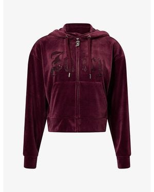 Juicy Couture Logo Crystal-Embellished Velour Hoodie - Purple