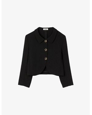 Sandro Cropped Jewel-Button Woven Jacket - Black