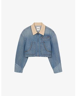 Sandro Contrast-Collar Stud-Embellished Cropped Denim Jacket - Blue