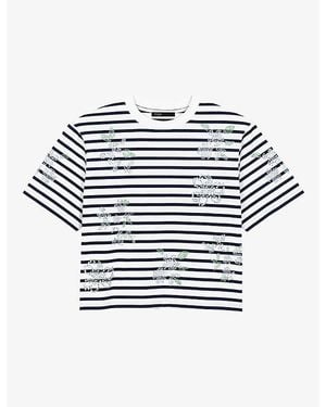 Maje Striped Crystal-Flower Cotton-Jersey T-Shirt - Blue