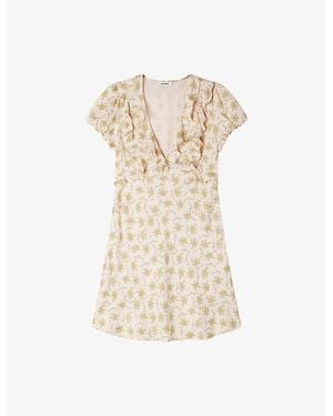 Sandro Floral-Print V-Neck Woven Mini Dress - Natural