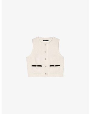 Maje Contrast-Trim Short Sleeveless Tweed Top - Natural
