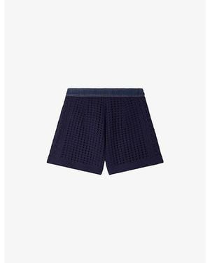Sandro High-Rise Denim-Trim Crochet Shorts - Blue