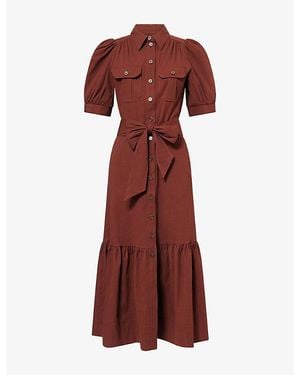ME+EM Puff-Sleeve Seersucker Cotton Midi Shirt Dress - Red
