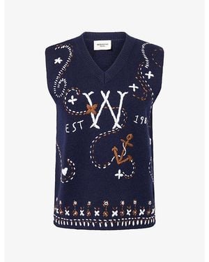 Weekend by Maxmara V-Neck Embroidered Wool Vest - Blue