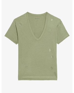 Zadig & Voltaire Marta V-Neck Rhinestone-Embellished Cotton T-Shirt - Green