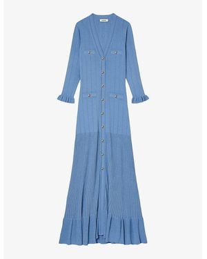 Sandro Button-Up Stretch-Knit Midi Dress - Blue