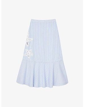 Sandro Flower-Embroidered Striped Stretch-Cotton Midi Skirt - Blue