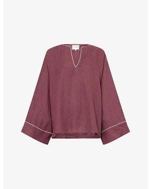 Second Summer Zahara Embroidery Linen Top - Purple